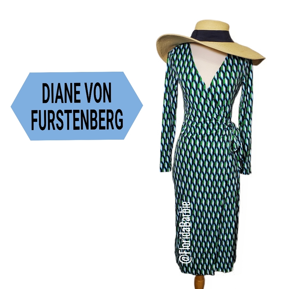 Diane von Furstenberg Women Long Sleeve Dresses Green Blue Abstract Wrap Dress